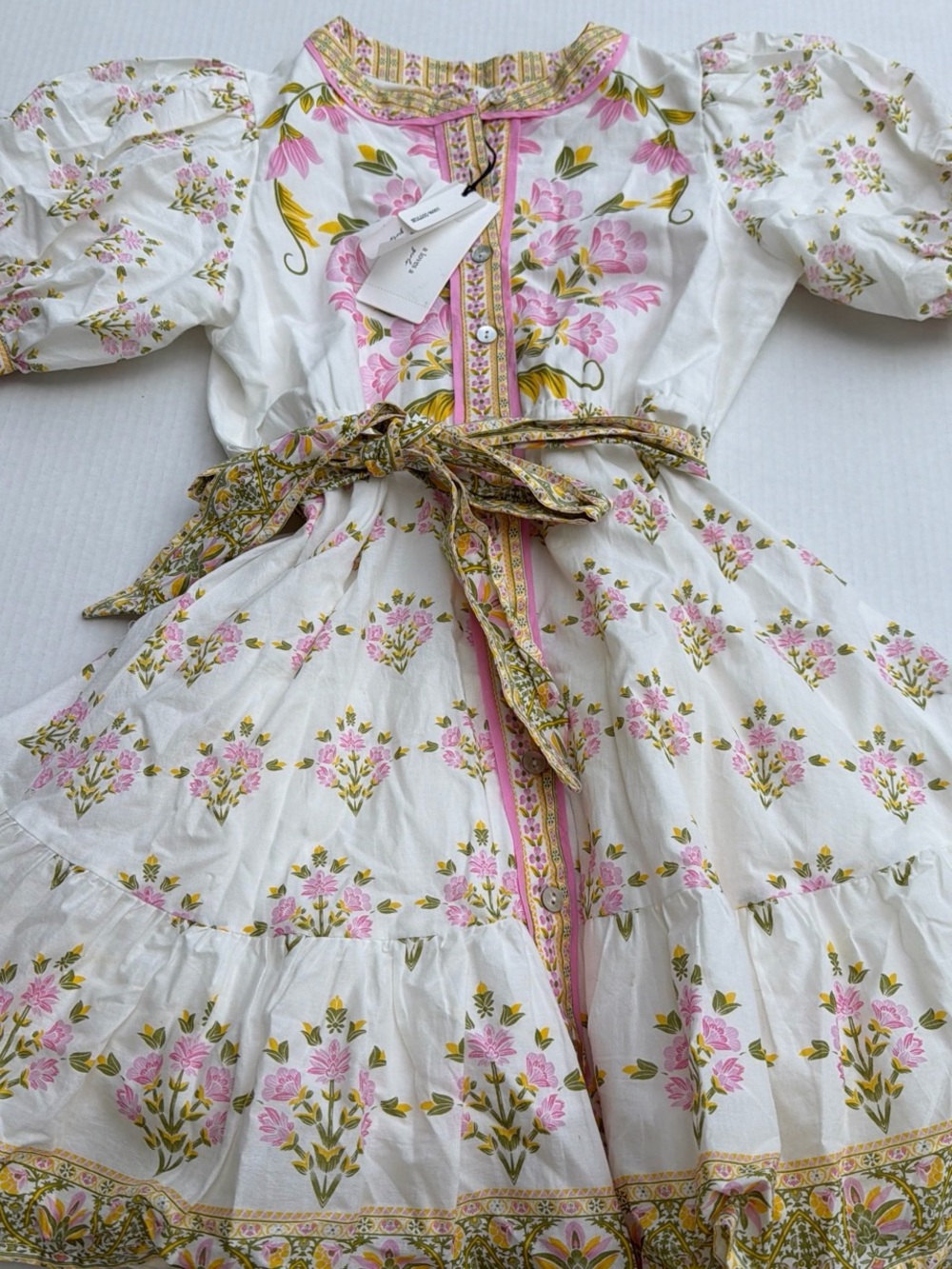 Big Girls Floral Cotton dress- White with Pink & Green Accents size L